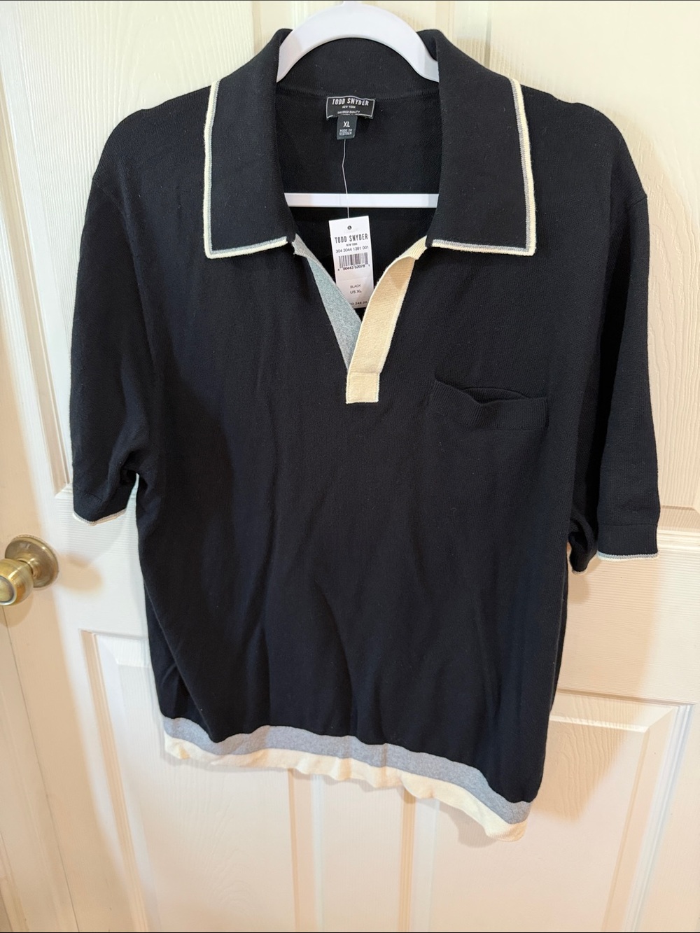 Todd Snyder Black Polo with Cream & Light Gray Trim.  Sz XL.  NWT